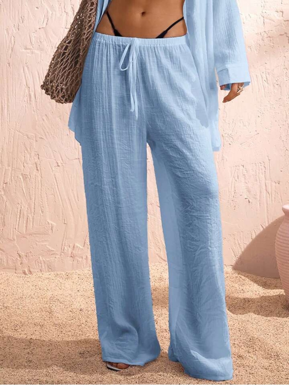 Pale Blue Wide-Leg Drawstring Lounge Pants